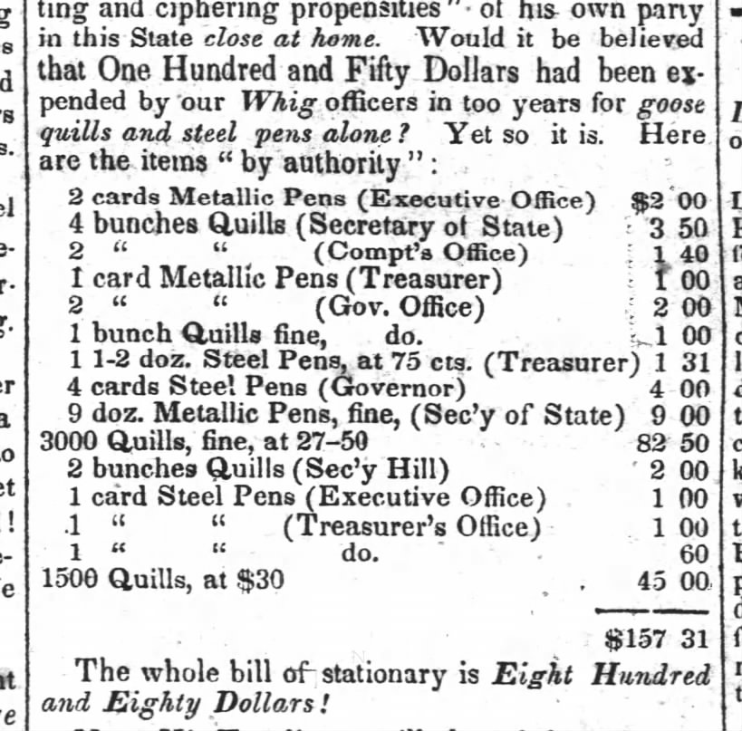 1842 - expenditure of NC Gov for quills and Steel pens