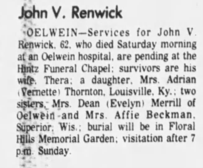 Obituary for John V. Renwick (Aged 63)