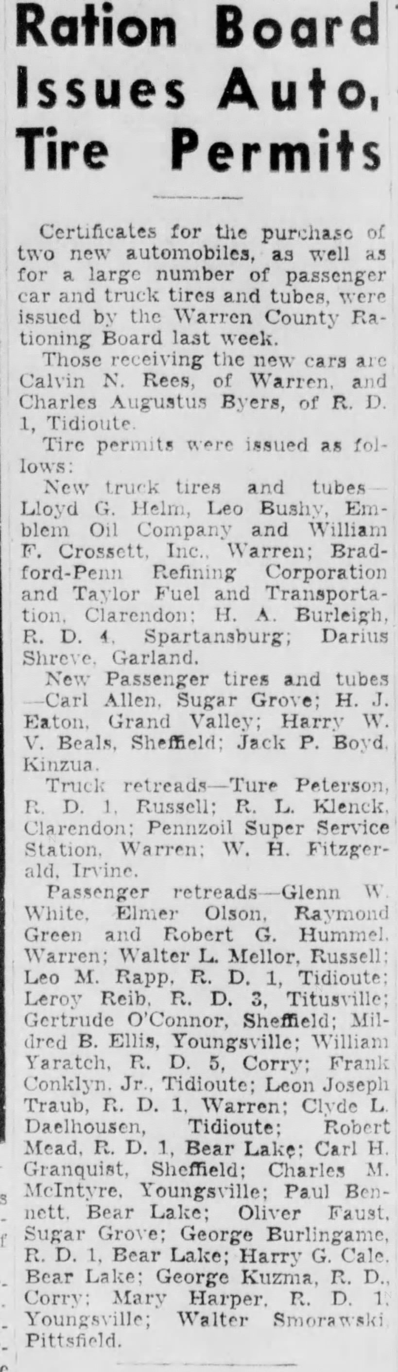 Byers, Charles Augustus
Warren Times Mirror Warren, PA 
2 Jun 1942
