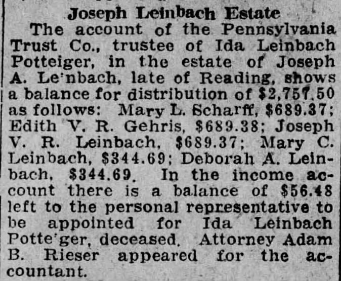 Joseph Althouse Leinbach estate
