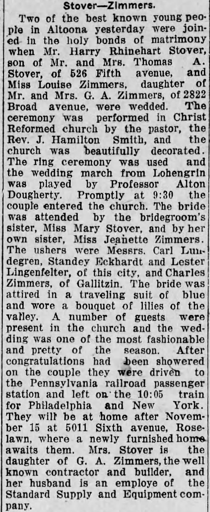 Harry Rhinehart Stover & Louise Zimmers wed