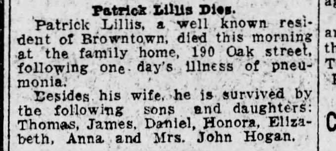 Patrick Lillis death notice, 12 Oct 1920 Scranton Republican