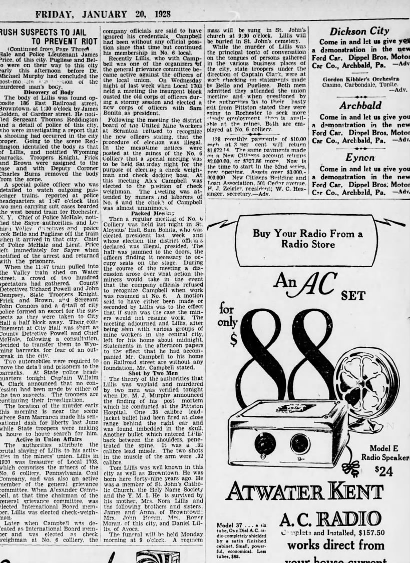 Story from page 3/16 of the 20 Jan 1928 issue of the Scranton Republican