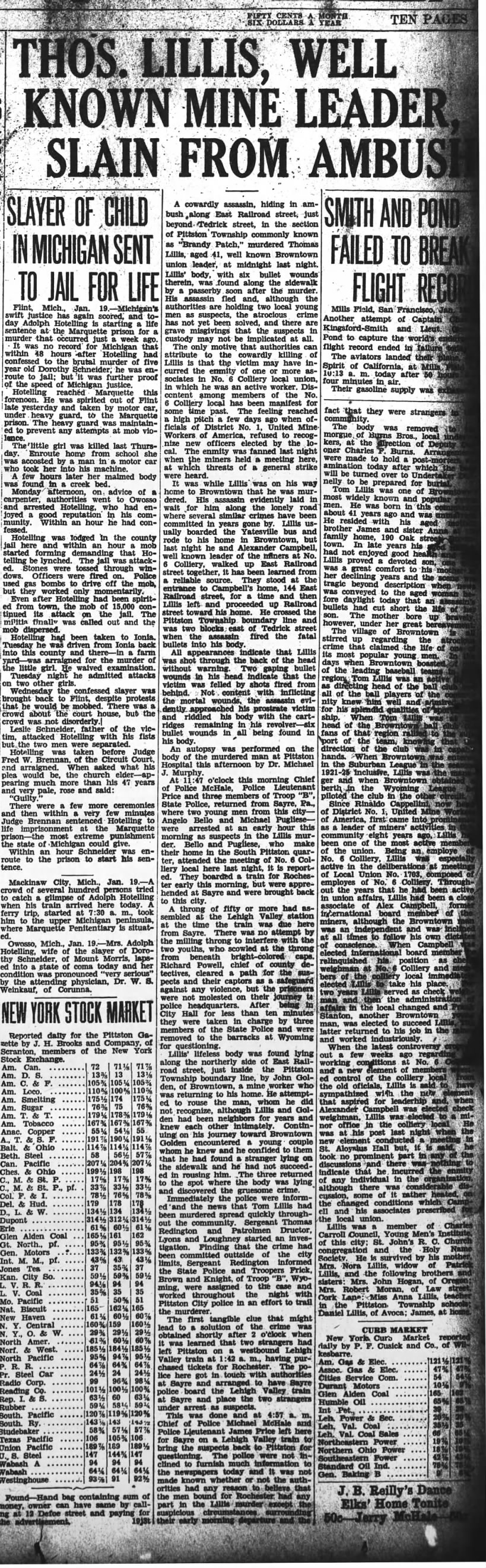Thomas Lillis murder, Pittston Gazette, 19 Jan 1928