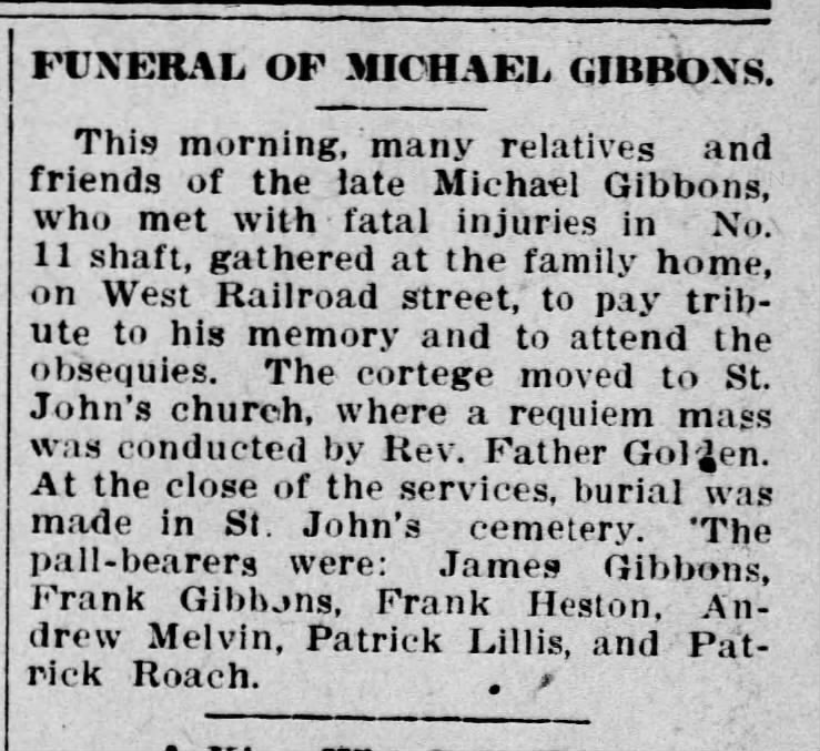 Patrick Lillis, pall bearer, Pittston Gazette, 5 Aug 1911