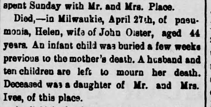 Helen Ives Oister death notice (27 April 1891), Scranton Republican, 15 May 1891