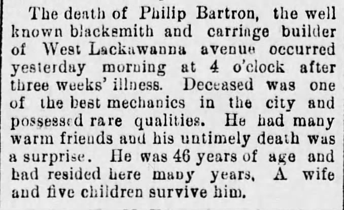 Death of Philip Bartron, well-known blacksmith and carriage builder