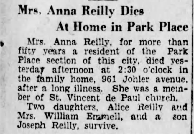 Mrs. Anna Reilly Dies At Home in Park Place