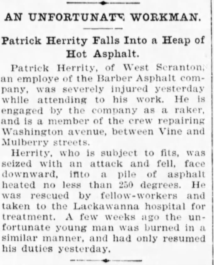An Unfortunate Workman: Patrick Herrity Falls Into a Heap of Hot Asphalt
