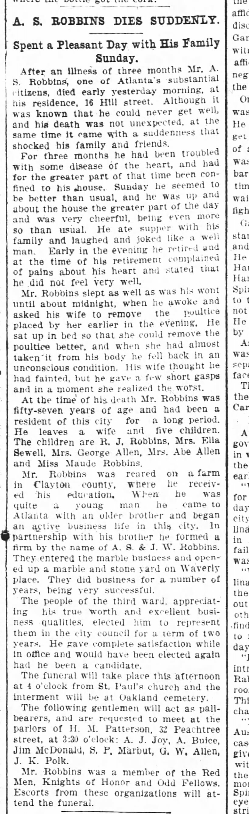 A. S. Robbins Dies 1896 (Also mentions brother J. W. Robbins)