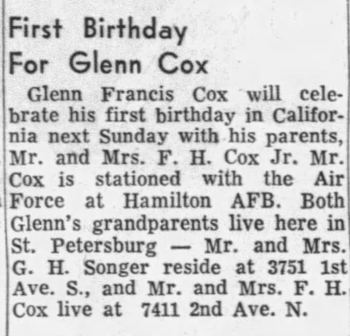 First Birthday For Glenn Cox, Glenn Francis Cox