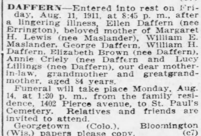 St Louis Post-Dispatch 13 Aug 1911 Sun. Obit: Ellen Daffern.