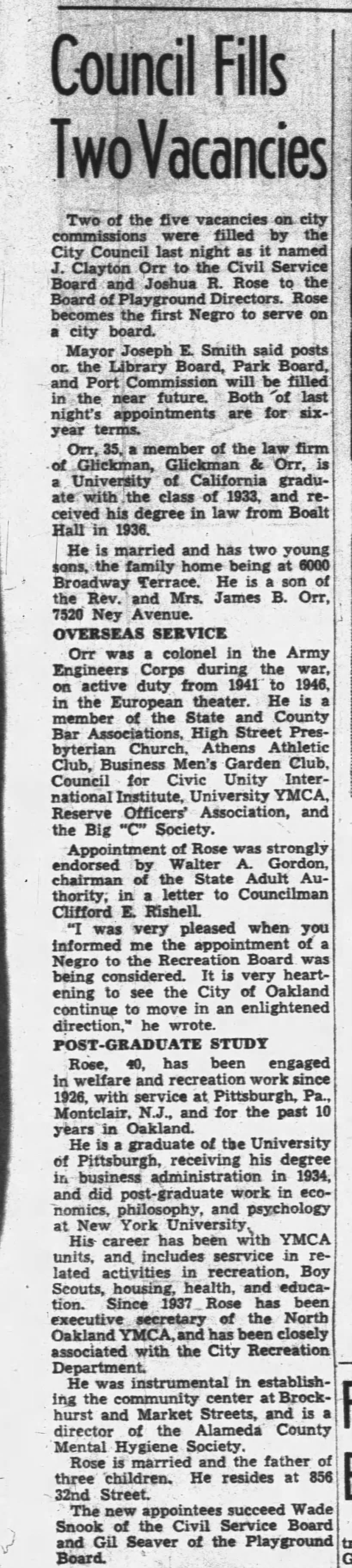 Council Fills Two Vacancies - Oakland Tribune July 18, 1947