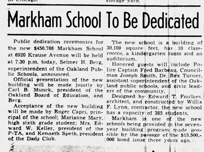 Markham School to Be Dedicated - Oct 14, 1949