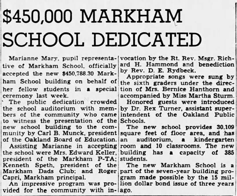 $450,000 Markham School Dedicated - Oct 23, 1949