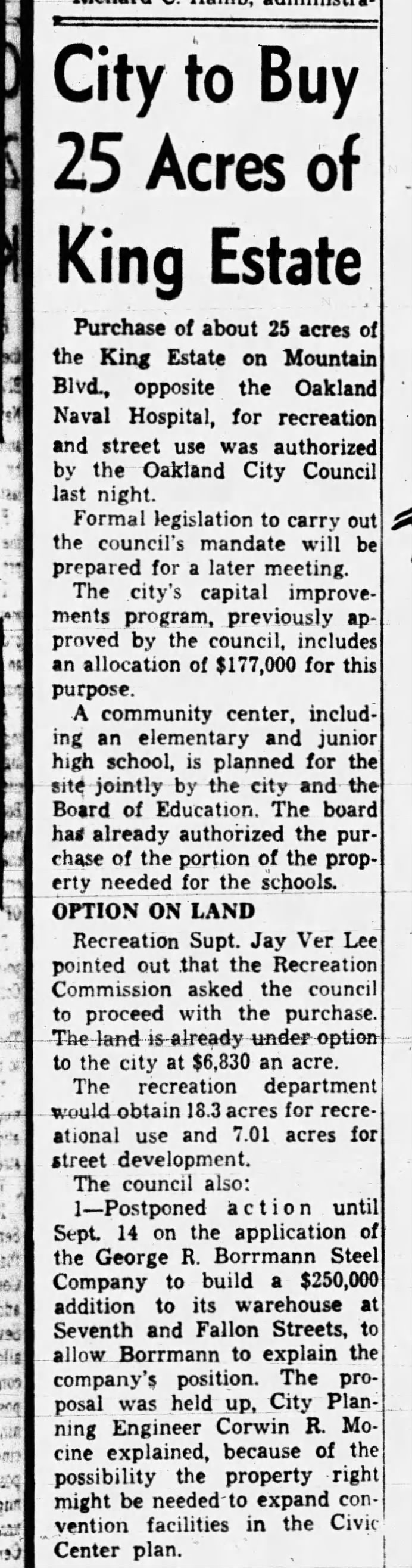 Purchasing the King Estate - for schools and recreation center - Sept 05, 1956