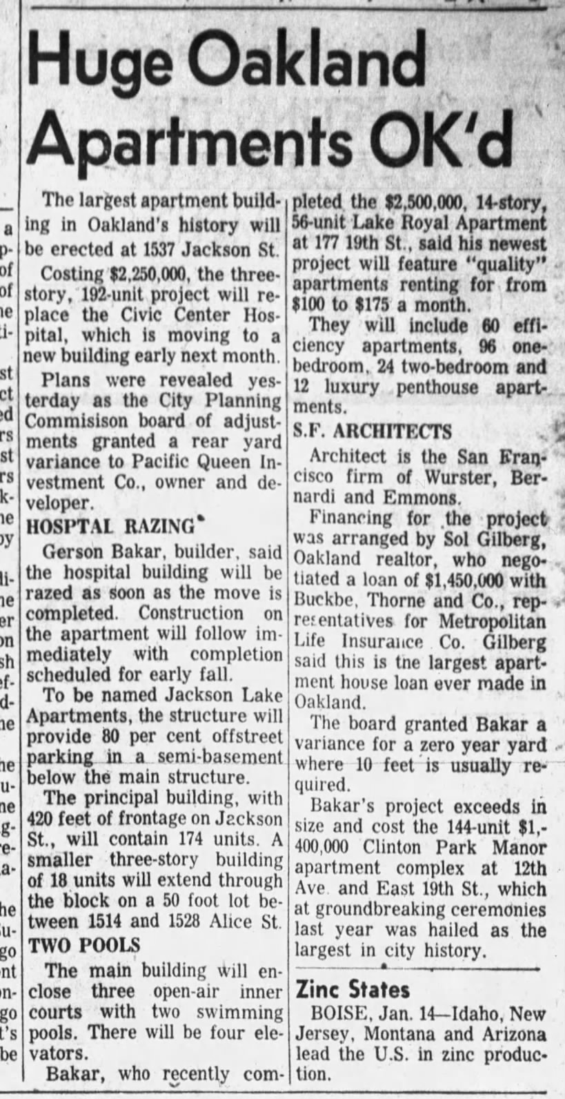 Huge Oakland Apartments Ok's - Oakland Tribune January 14, 1960