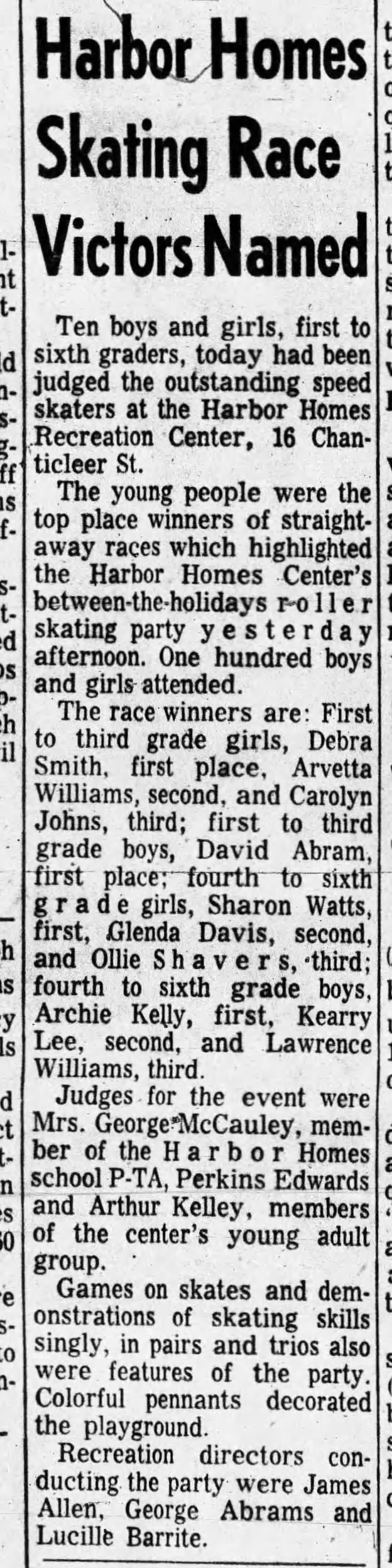 Harbor Homes Skating Race Victors Named - Dec 29, 1960
