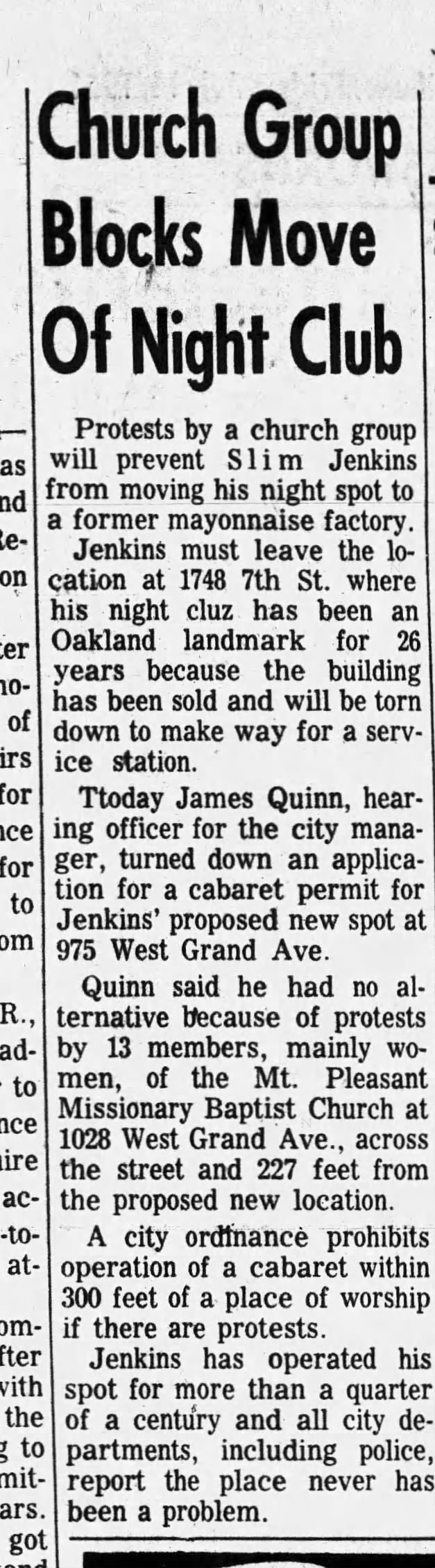Church Group Blocks Move Of Night Club- Slim Jenkins Jul 14 1961