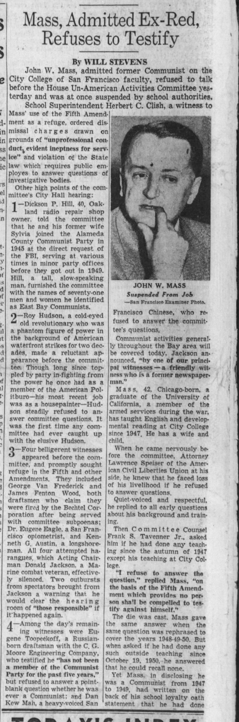 John Mass, Admitted Ex-Red, Refuses to Testify - Dec 1953