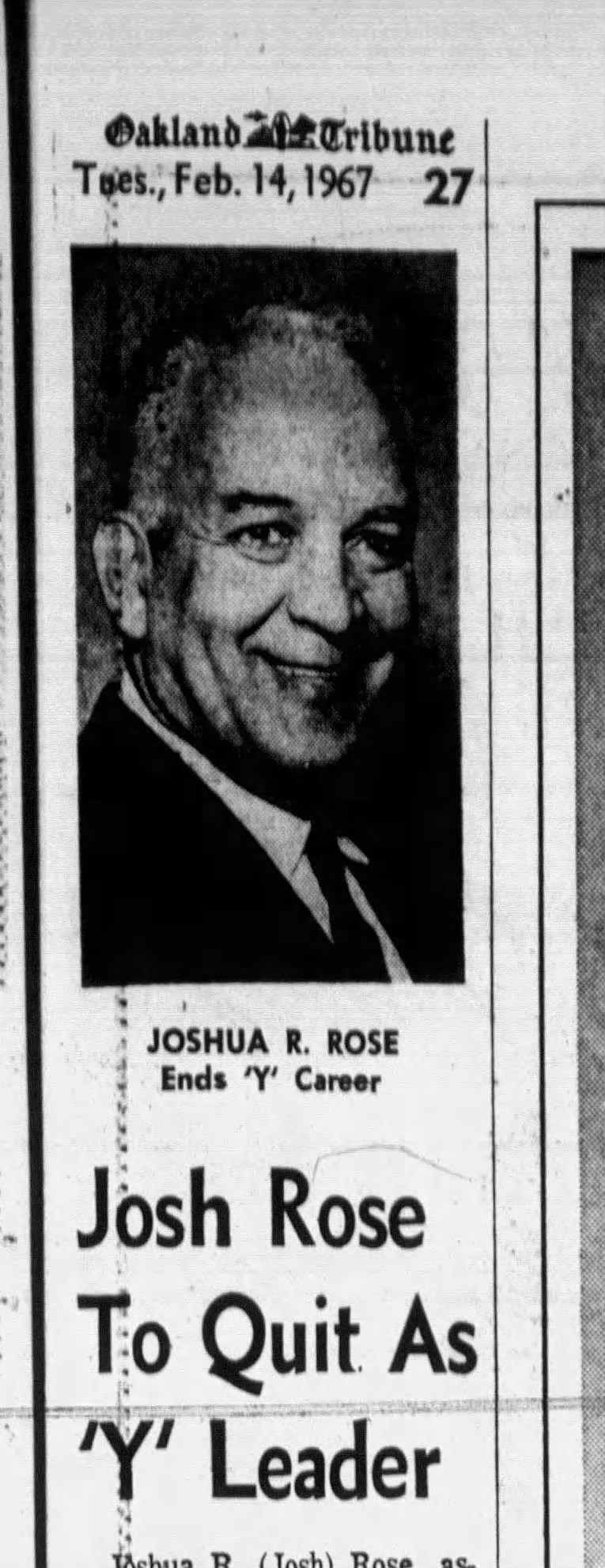 Josh Rose to Quit as Y Leader Feb 14 1967