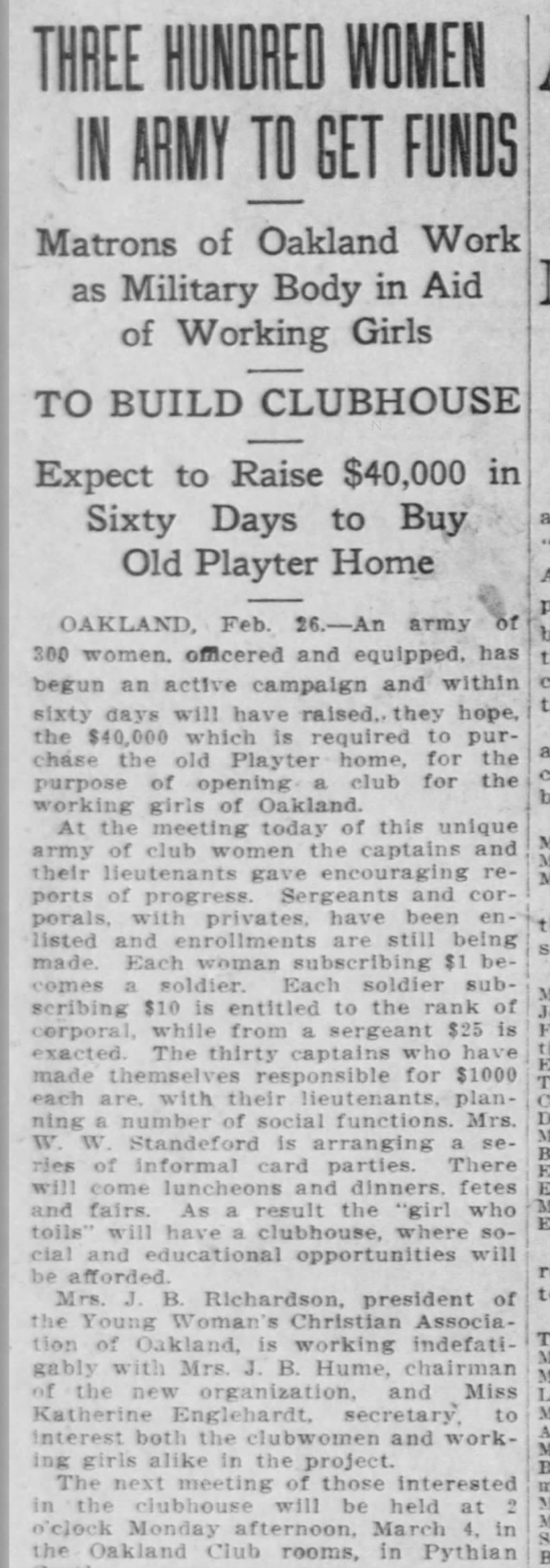 Expect to Raise $40,000 in Sixty Days to Buy Old Playter Home - SF Call February 27, 1907