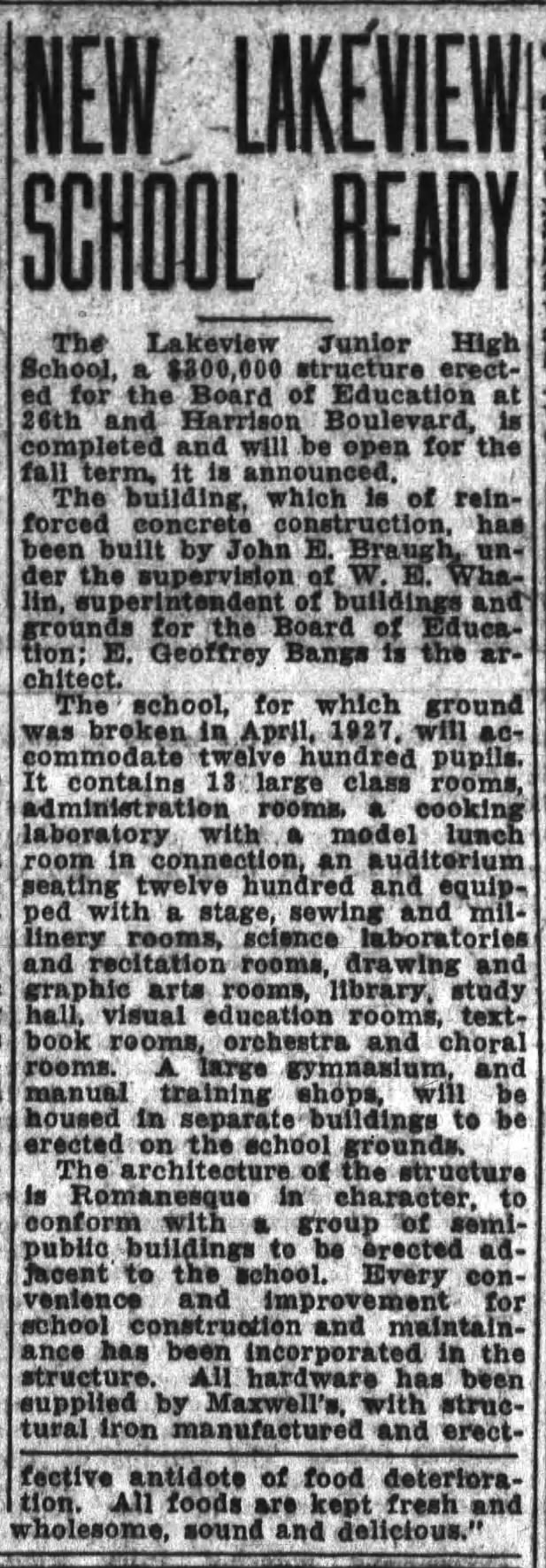 New Lakeview School Ready - Mar 25, 1928