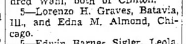 The marriage of Lorenzo H Graves to Edna M Almond, 1937, Iowa.
