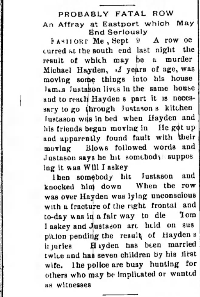 Michael Hayden death 1894 in Eastport, ME