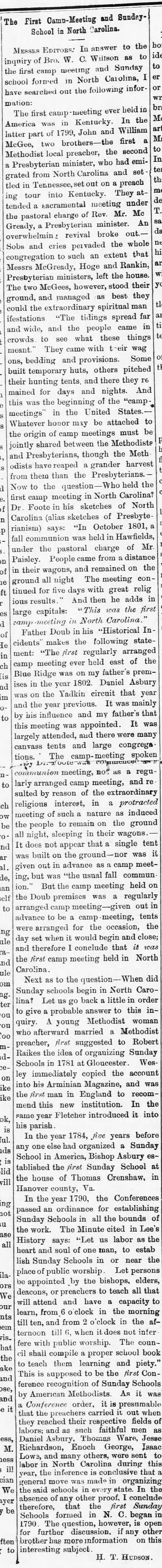 First Camp Meeting and Sunday School in NC
