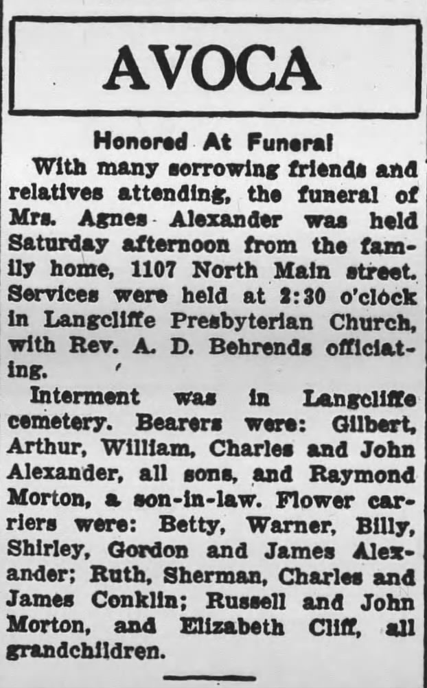 Agnes Morton Alexander Funeral