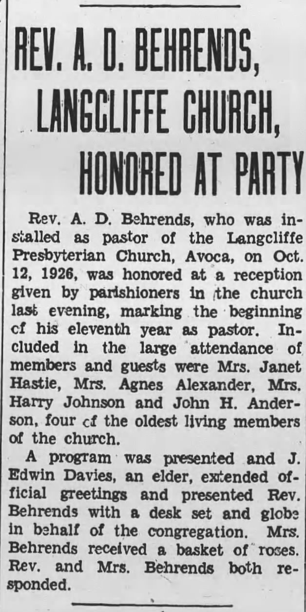 Agnes Morton Alexander - Oldest Member of Langcliffe Presbyterian Church
