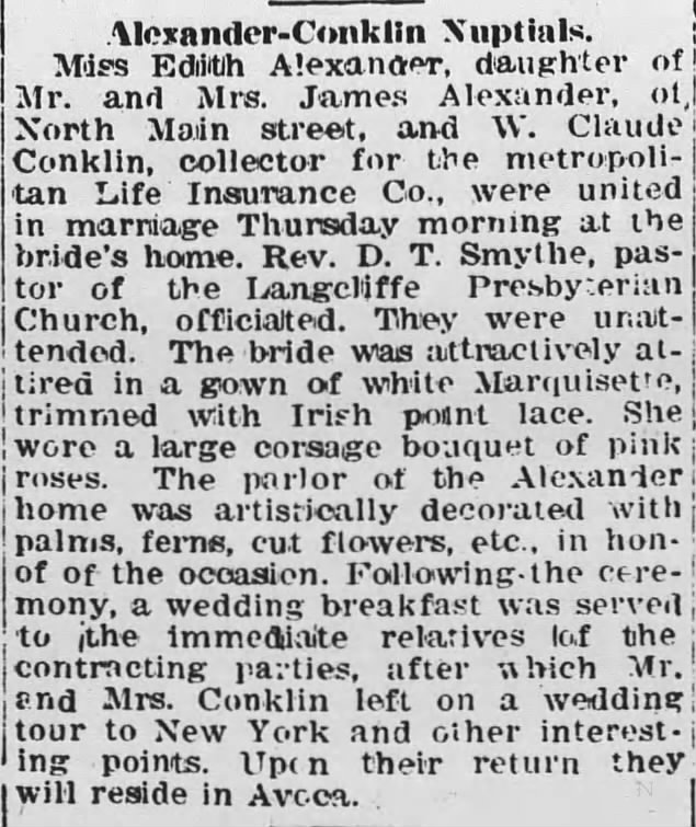 Edith Alexander - W. Claude Conklin Wedding Announcement