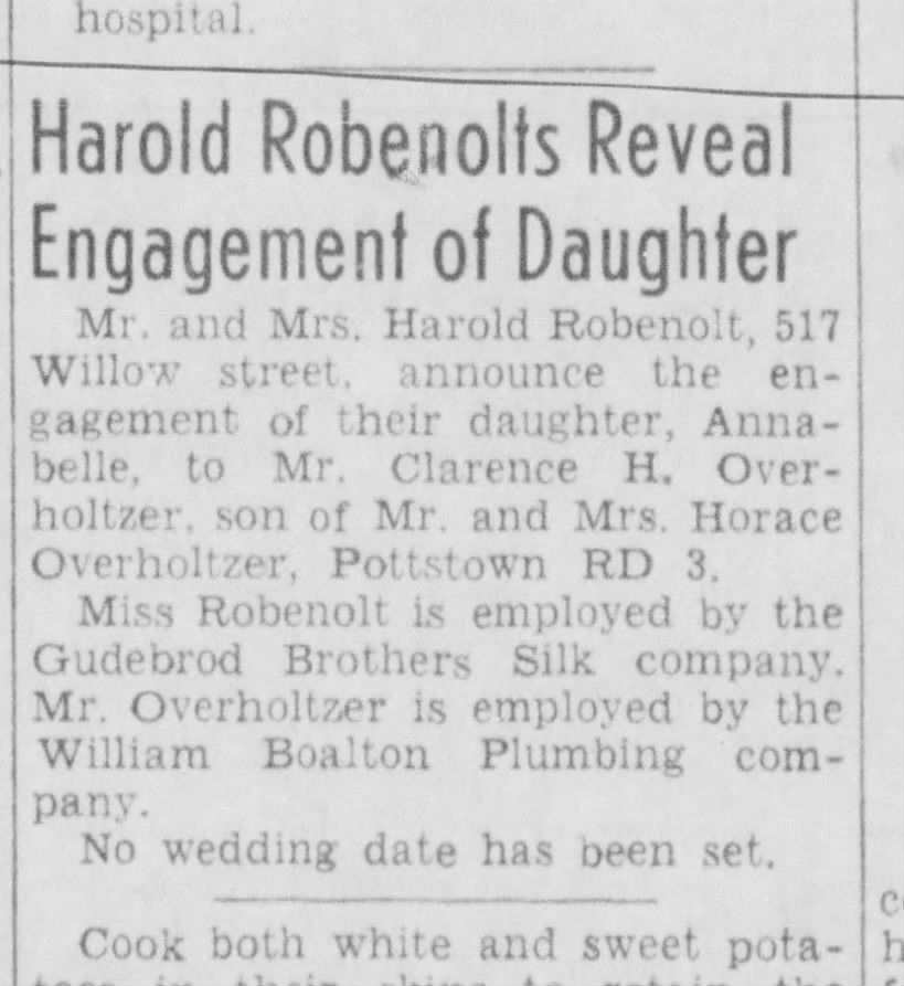 Annabelle robenolt - Clarence Horace Overholtzer engagement announcement