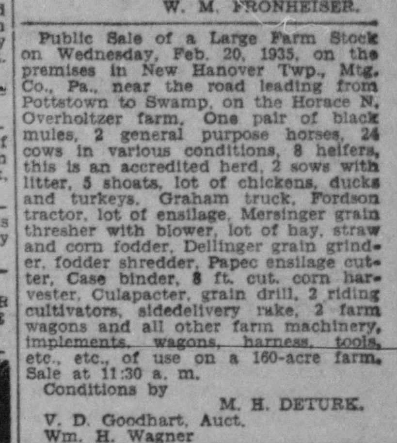 Horace N Overholtzer farm auction