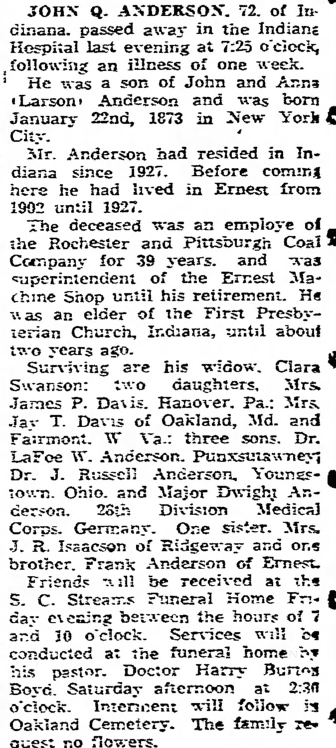 John Q Anderson Obituary July 5, 1945 Indiana Evening Gazette