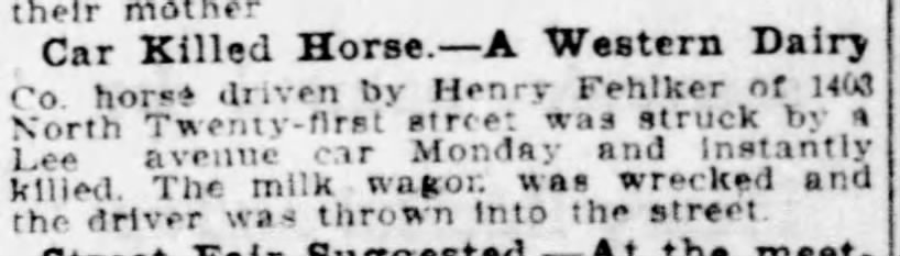 Western Dairy horse killed in accident 1902