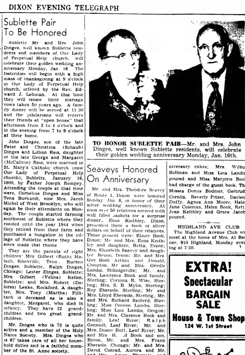 Dinges Golden Anniversary  Dixon Evening Telegram  ( Dixon, Illinois )  13 Jan 1950  Fri  Page 6