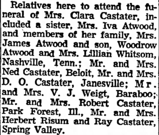 Clara (Shotwell) Castater funeral announcement Janesville D. G. - 11 Mar 1955 pg. 9
