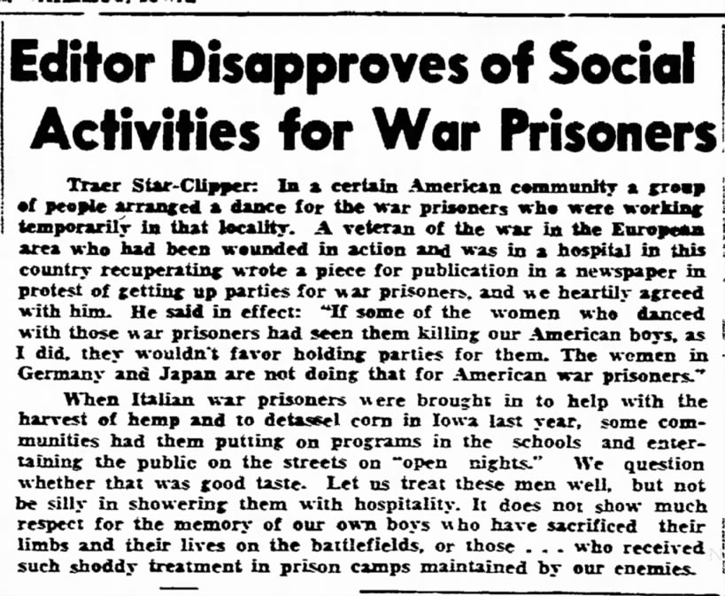 Editor Disapproves of Social Services for Prisoners (WC) 10 Sep 1944