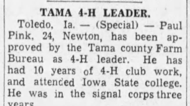 Paul Pink Tama Appointed 4-H Leader (WC) 14 Mar 1946