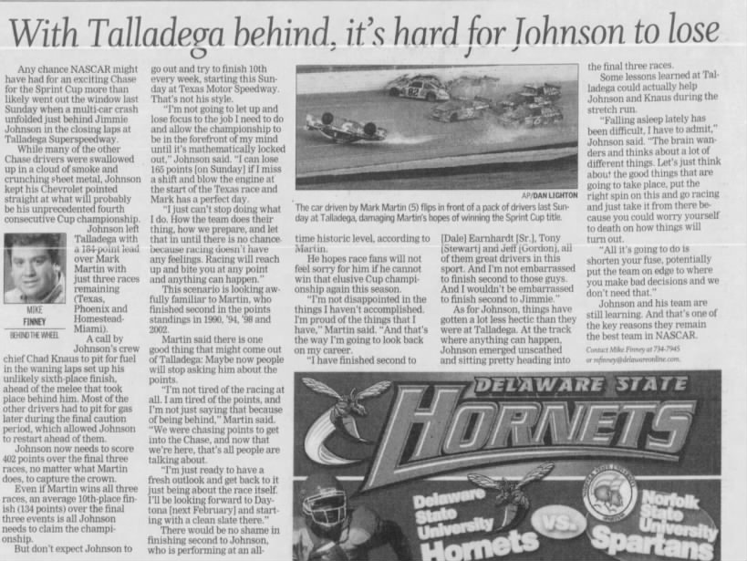 2009 Dickies 500 Johnson Pre-Race (The News Journal; 5 November 2009; Page C6)