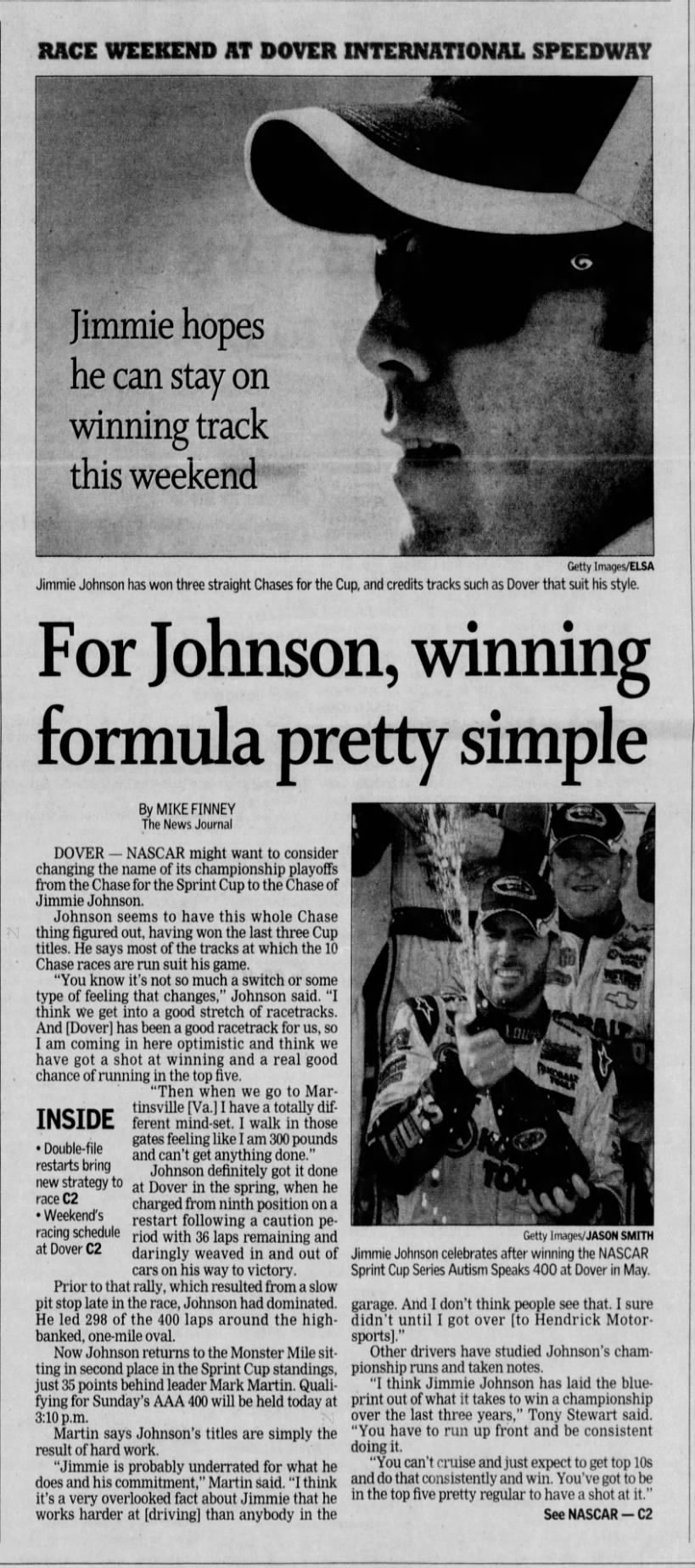 Jimmie Johnson AAA 400 Pre-Article (The News Journal; 25 September 2009; Page C1)