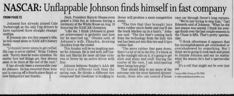 Jimmie Johnson AAA 400 Pre-Article Part 2 (The News Journal; 25 September 2009; Page C2)