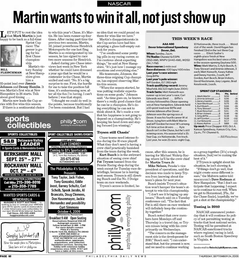 Mark Martin 2009 Chase (Philadelphia Daily News; 24 September 2009; Page 60)
