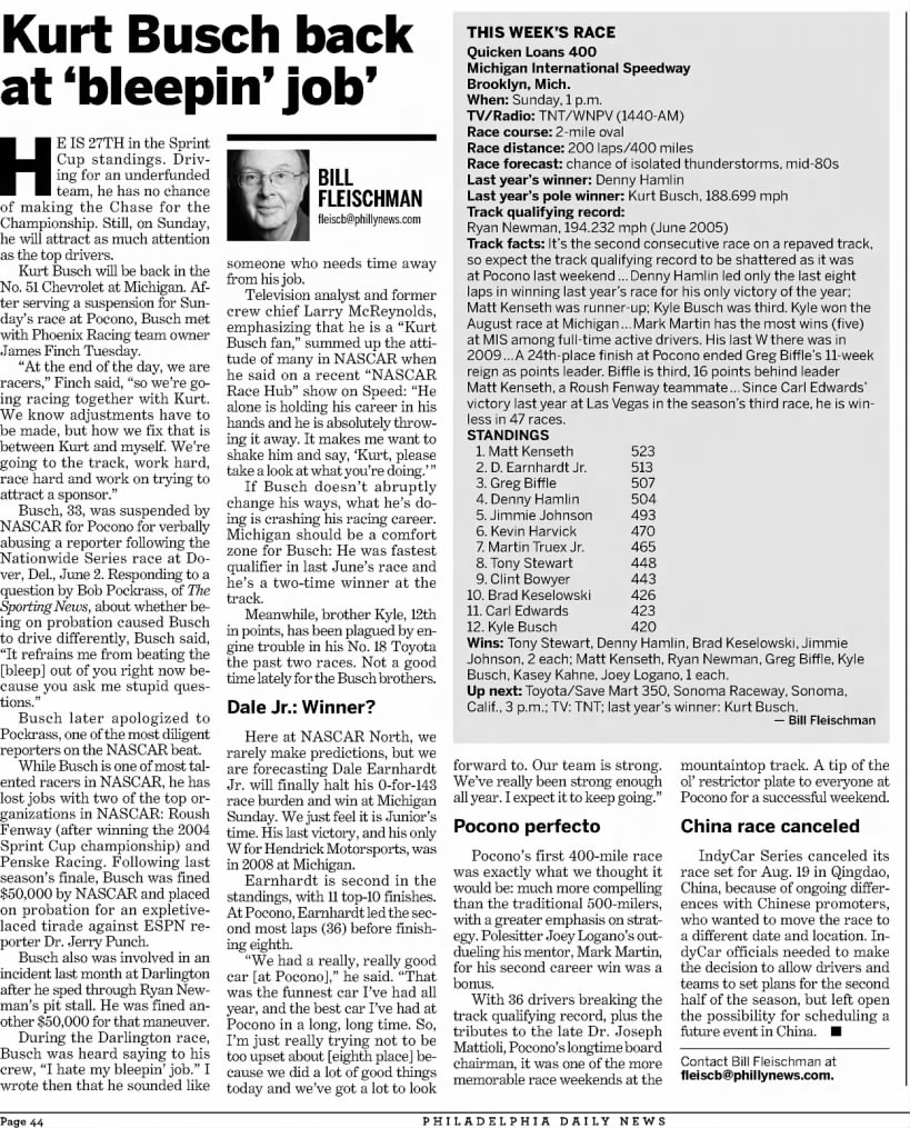 Kurt Busch back at 'bleepin job' (Philly Daily News; 14 June 2012; Page 44)