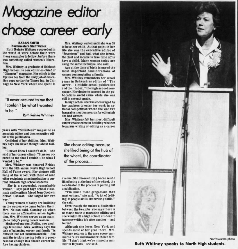 Ruth Reinke Whitney 1982 The Oskosh Northwestern Article