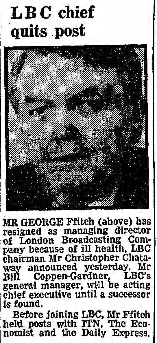 George Ffitch quits LBC (The Guardian; 29 March 1985; Page 2)