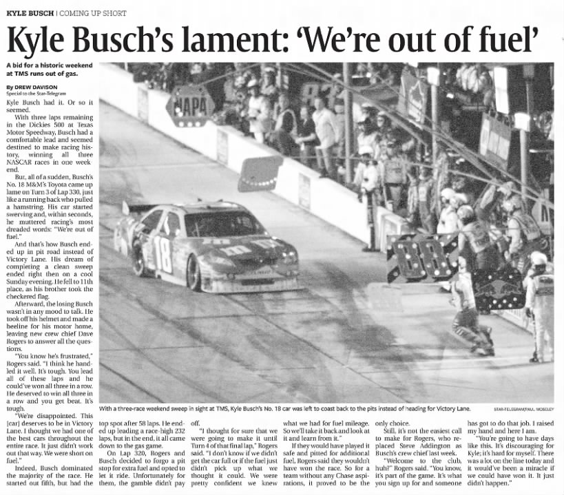 Kyle Busch Car Fuel 2009 Dickies 500 (Fort Worth Star-Telegram; 9 November 2009; Page 8D)
