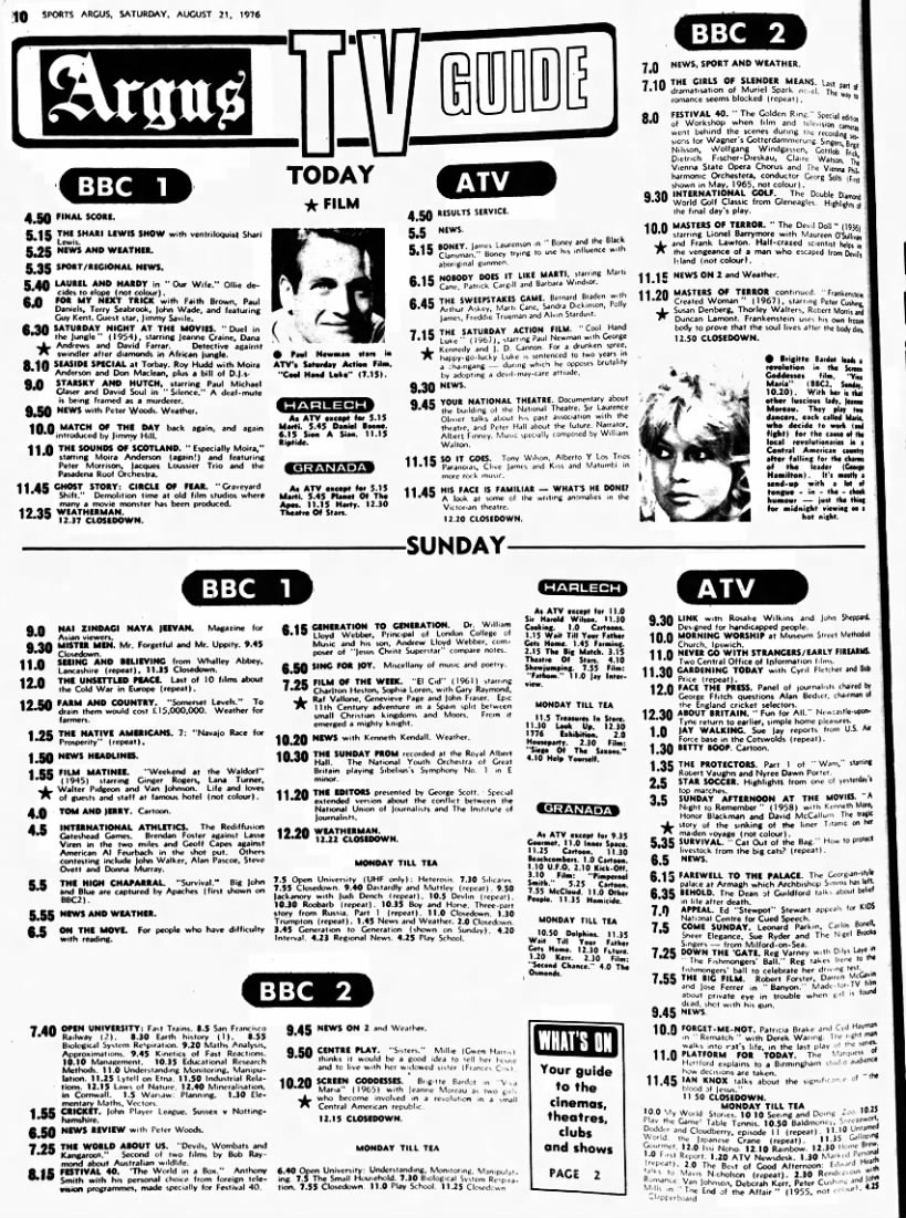 Sports Argus TV Guide (21 August 1976; Page 10)